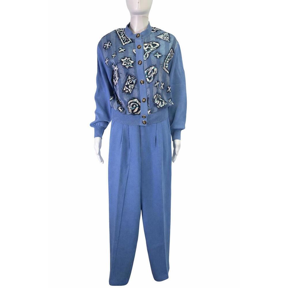 Vtg Sz 8 St John Collection Lt Blue Wool Silk Jacket Santana Knit Set Resort
